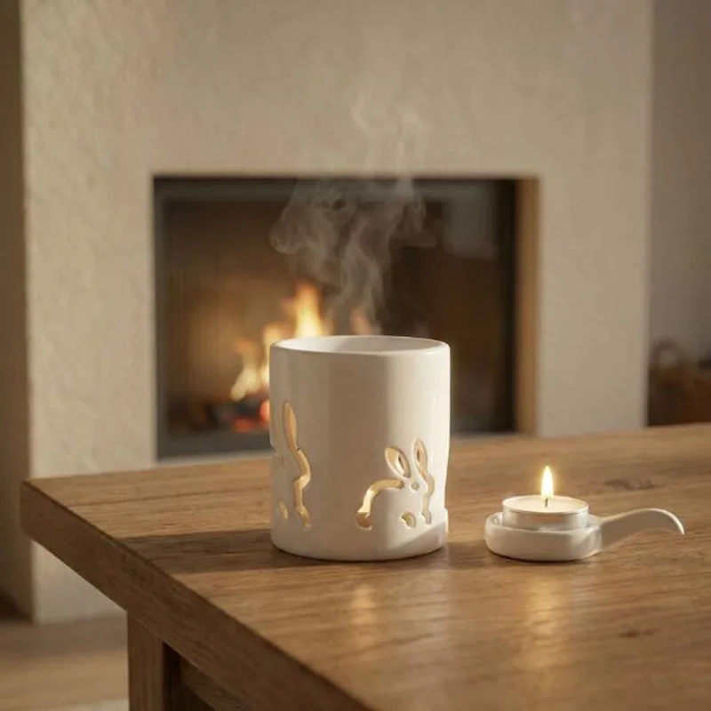 White Porcelain Hollow Rabbit Aromatherapy Burner Essential Oil Furnace Fragrance Lamp Candle Holder Home Decoration