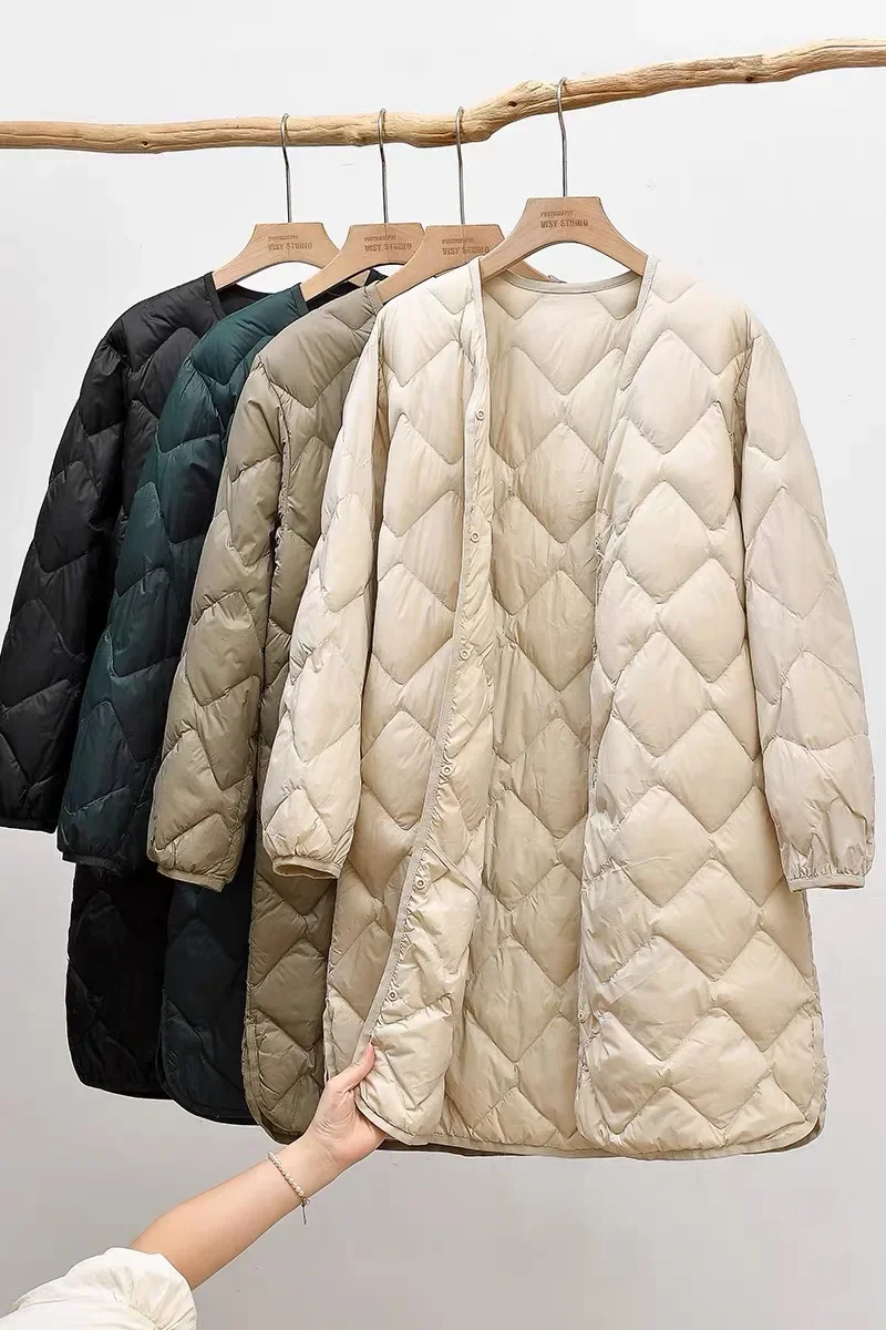 

Autumn Winter Warm Ultra Light White Duck Down Coat Women Midi Long Big Size Parkas Ladies Single Breasted Slim Puffer Jacket