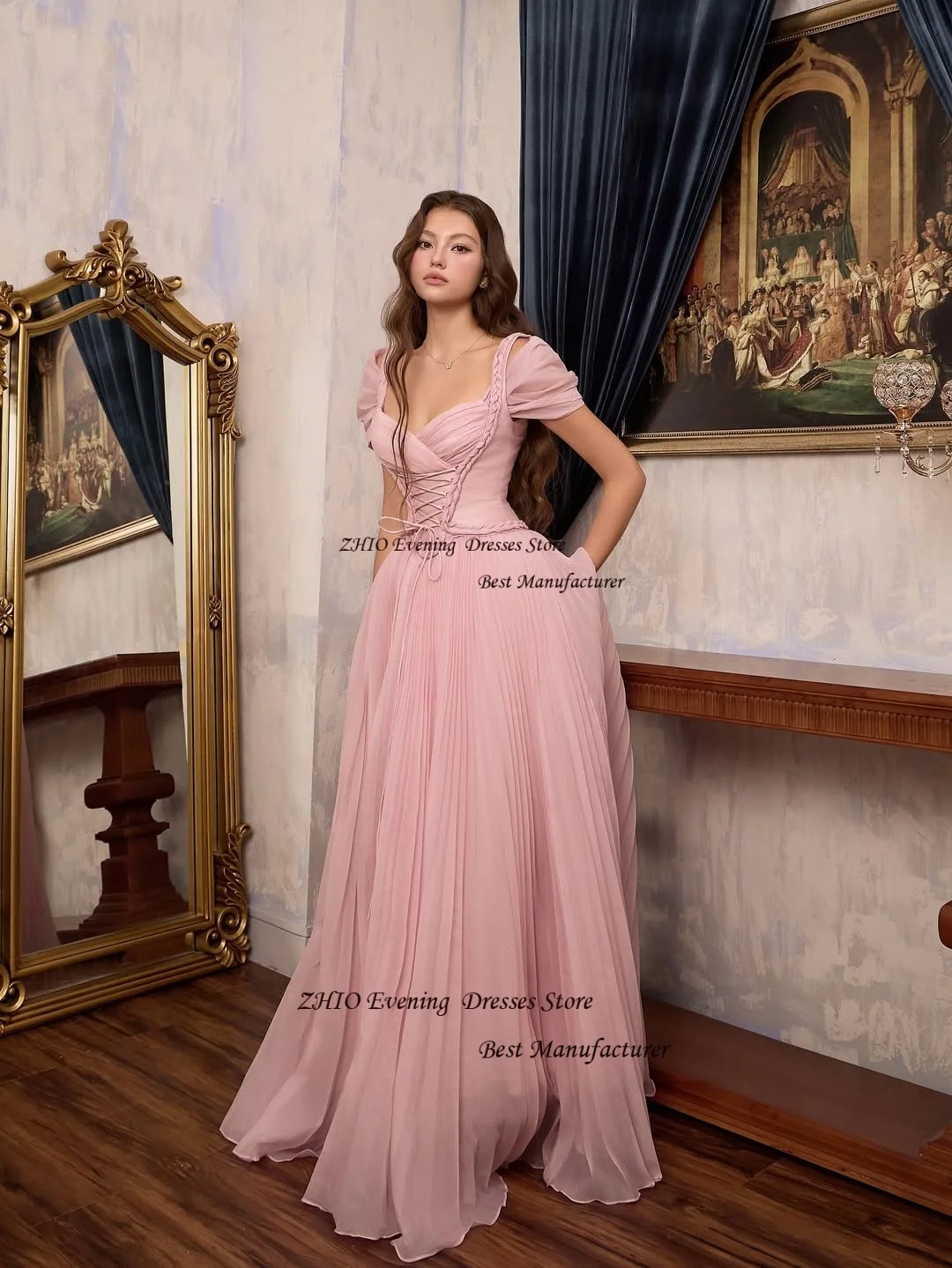 ZHIO Rosa Schönes Tüll Abendkleid Geraffte Spaghettiträger Langes Partykleid Plissee Trägerloses Kurzarm Abendkleid Maßgeschneidert