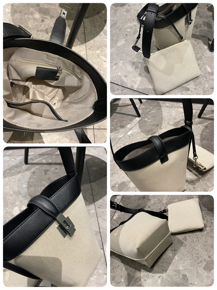 おしゃれなバケットバッグ-レディース-クロスボディ-ショルダーバッグ-キャンバストートバッグ-カラーブロックデザイン-2025年春新作-多機能バッグ