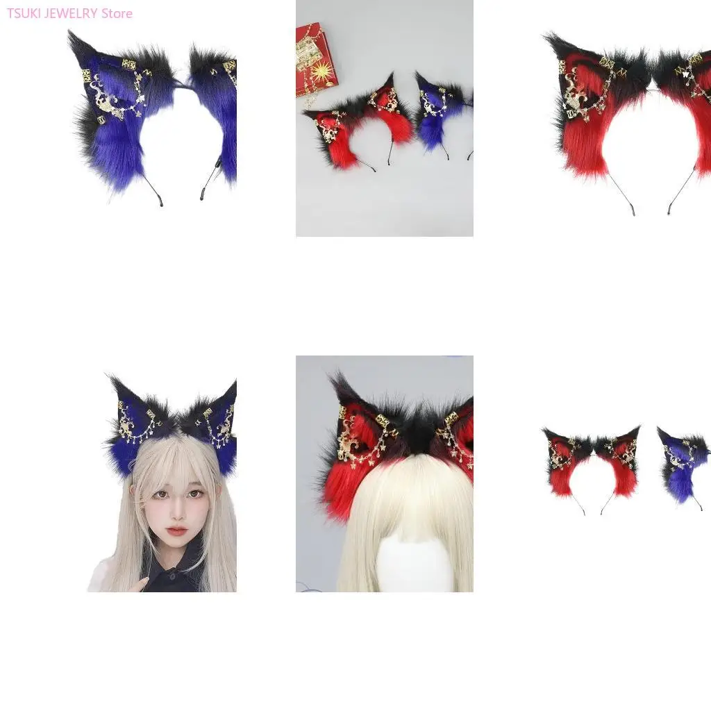 

62KE плюшевая повязка на голову с кошачьими ушками для девочек и серьгами из сплава, повязка на голову для рождественских