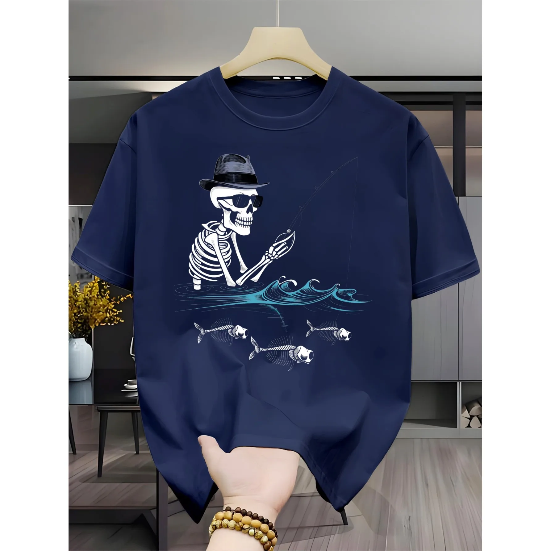 Skeleton Fishing Graphic Tee Breathable Cotton Short Sleeve T-Shirt Funny Skull Casual Streetwear Gift