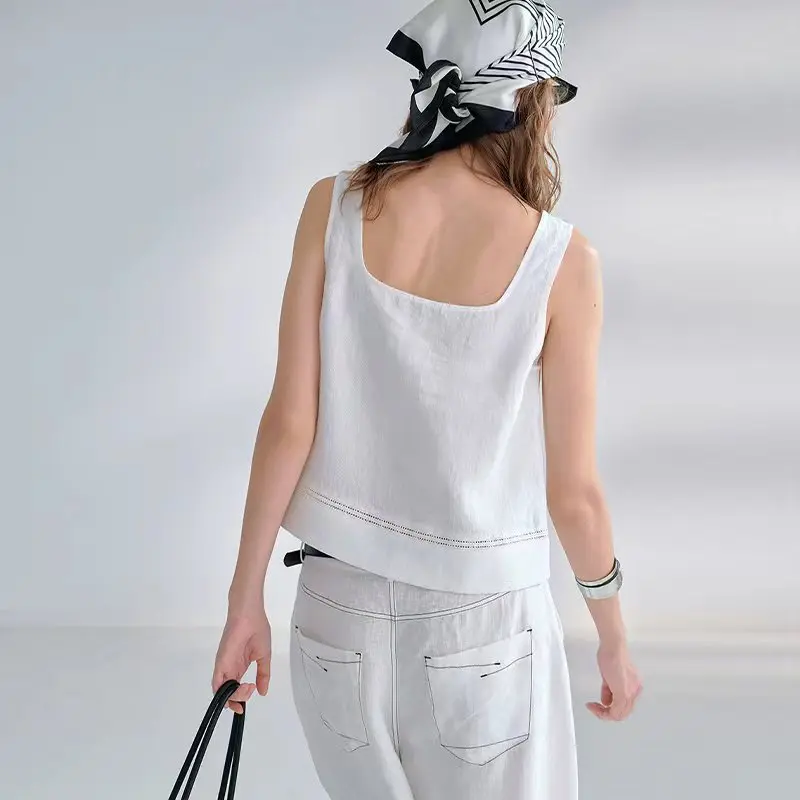 Chic Hollowed Out Lace Women's Tank Top 100% Hemp Summer Elegant Ladies Top Sleeveless Square Neck Casual Cool Linen Tops
