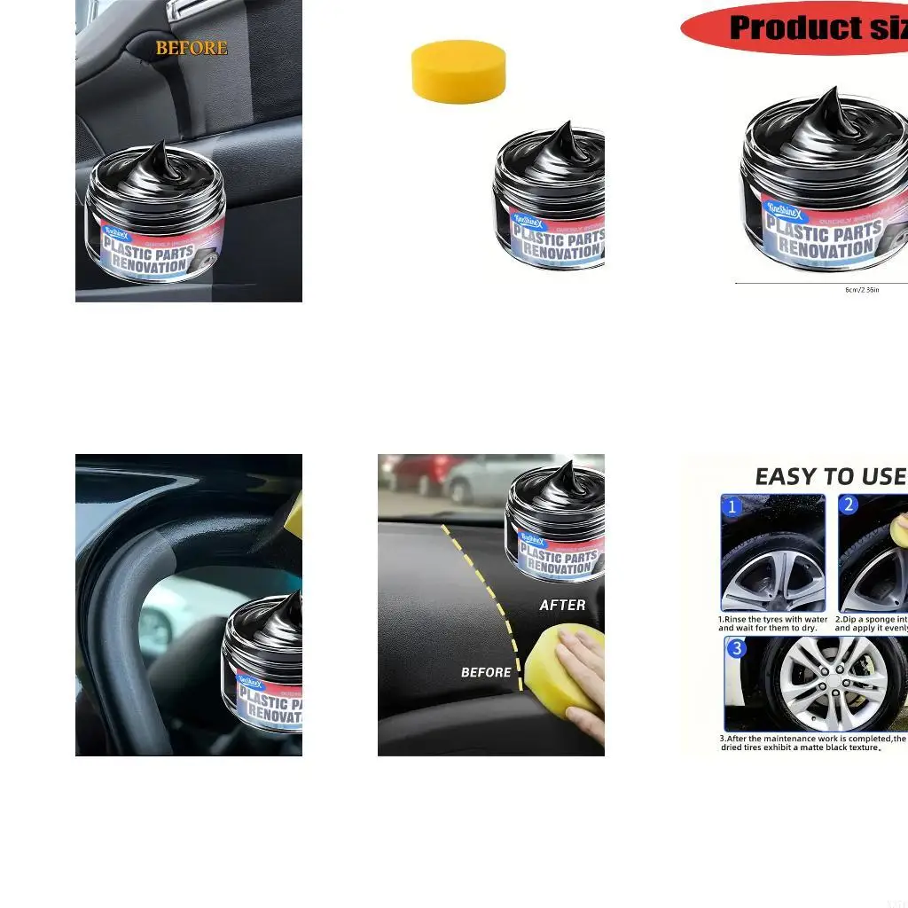 Dashboard and Door Panel Trim Restorer Paste, Wipe-On Car Detail Cream for Plastic Parts, Leather Touch-Up and Tire Sidewall