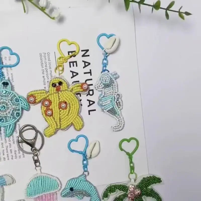 1 peça charme vida marinha miçangas apliques remendo decoração coqueiro artesanal strass chaveiro saco de cristal pingente