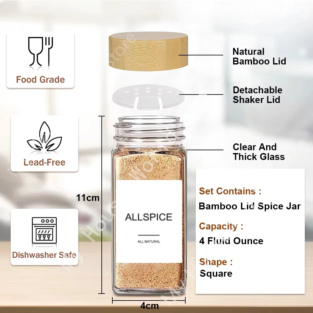 

6/12 PCS Glass Spice Jars with Bamboo Lids 4oz Glass Jars Spice Jar Set Seasoning Jars Organizer Storage Bottles for Spice Rack