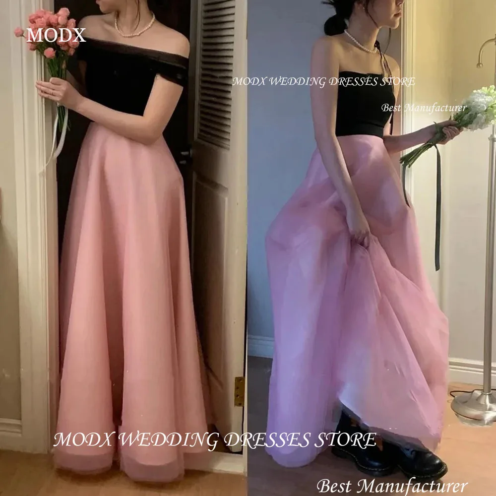 MODX فساتين الحفلات المسائية الكورية باللون الأسود والوردي على شكل حرف A بدون حمالات لصور الزفاف بدون أكمام بدون ظهر مشد للحفلات الراقصة #1