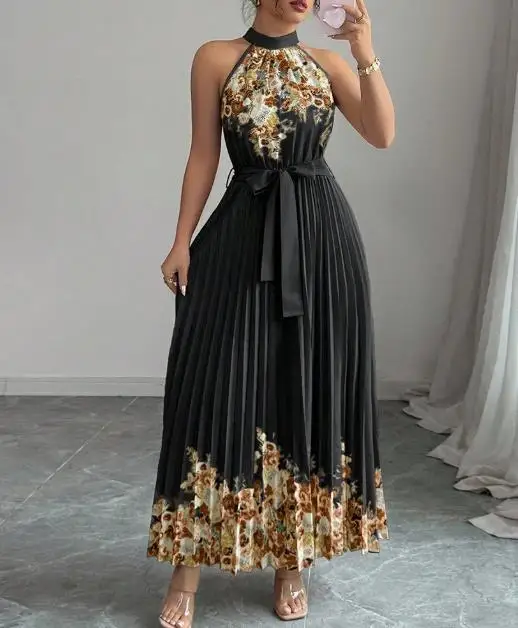 

Women Dresses 2026 Spring New Fashion Floral Printed High Neck Sleeveless Lace Up Casual Pleated Long Dress
