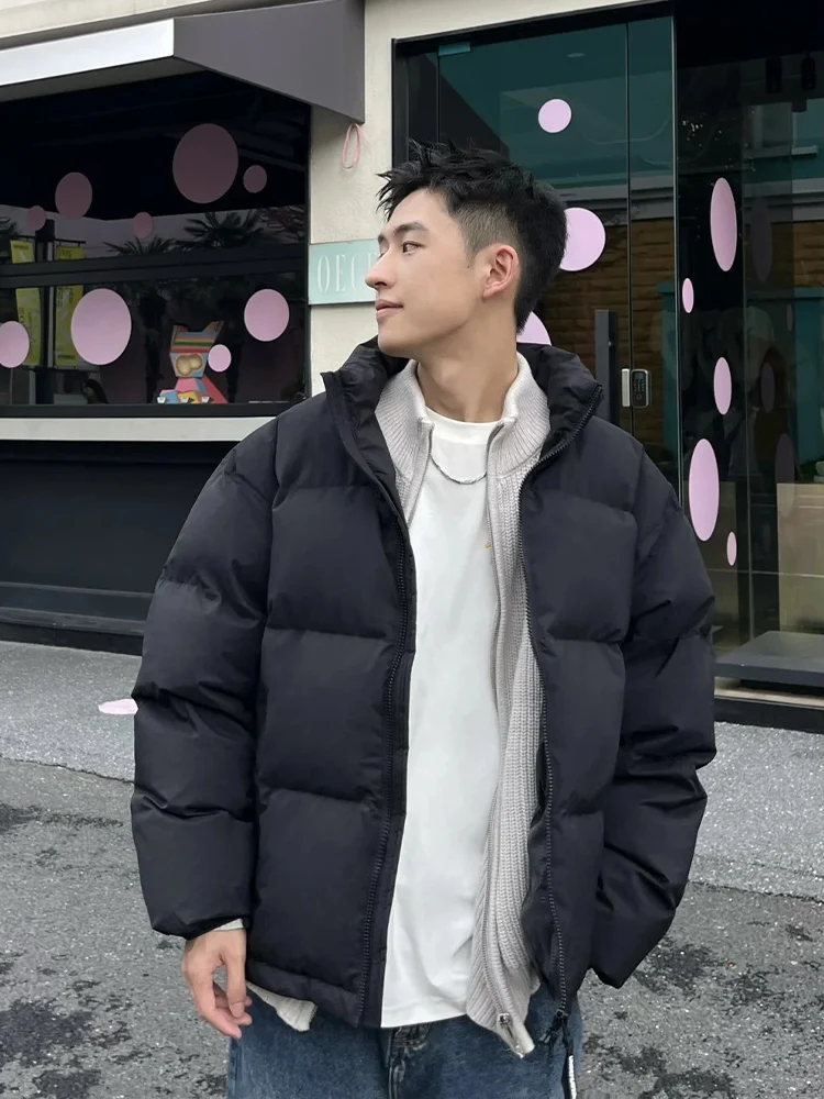 Bla Thiened Cotton Jaet Stand Collar Men's Winter Warm Coat Bread Sle Couple Matching Outerwear Casual Loose Fit
