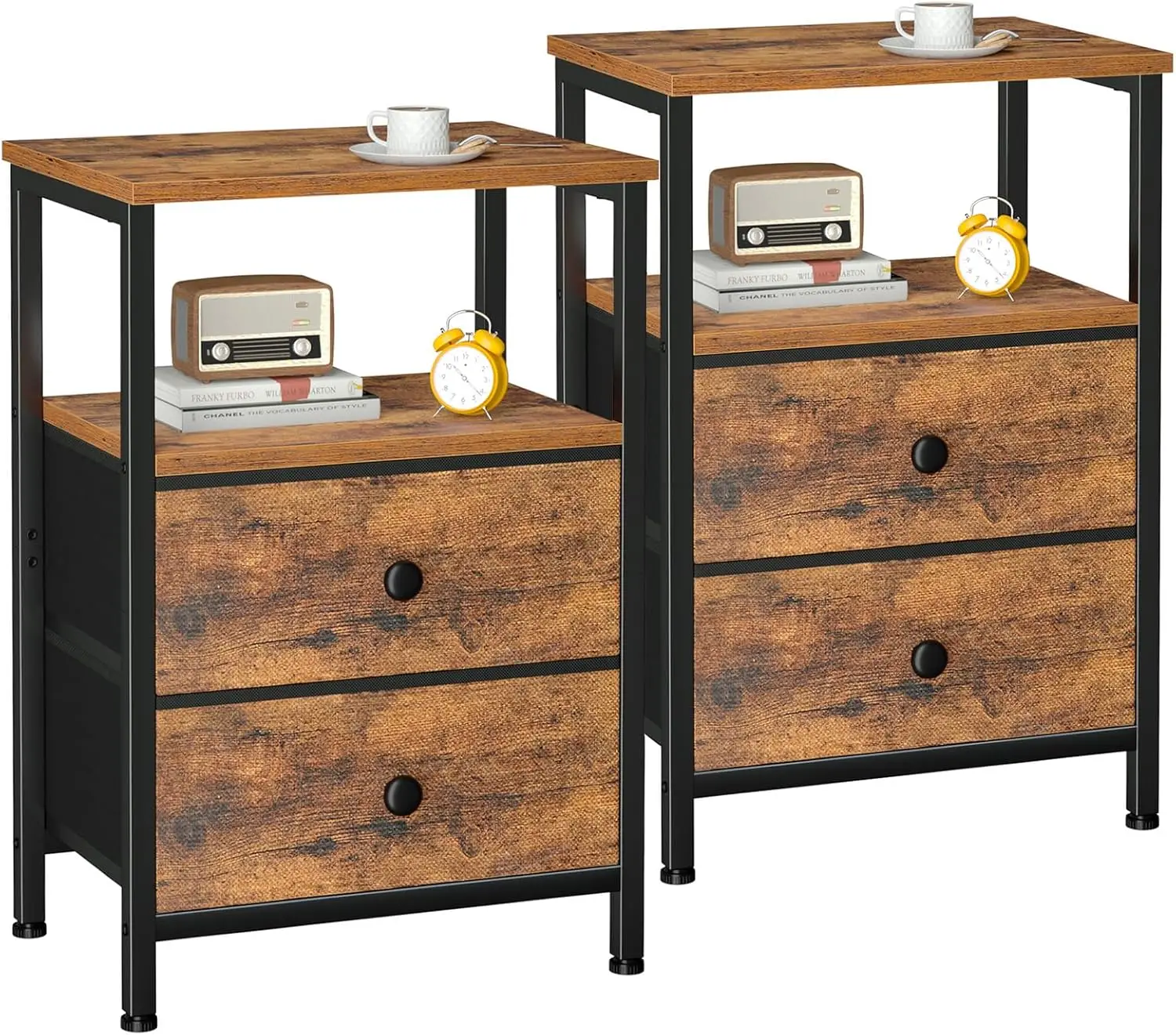 Night Stand Set 2, Bedside Table with Fabric Drawers, Open Shelf, Rustic Brown, Small End Table for Bedroom Living Room