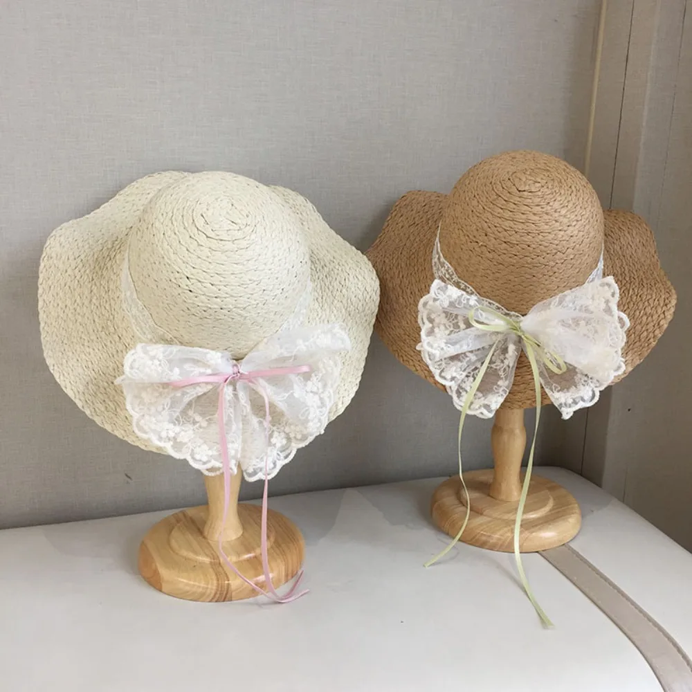 جميل الحلو Bowknot القش قبعة الشمس الشريط الدانتيل حافة الفتيات قبعة بحافة تنفس المضادة للأشعة فوق البنفسجية المنسوجة حقيبة يد الشاطئ