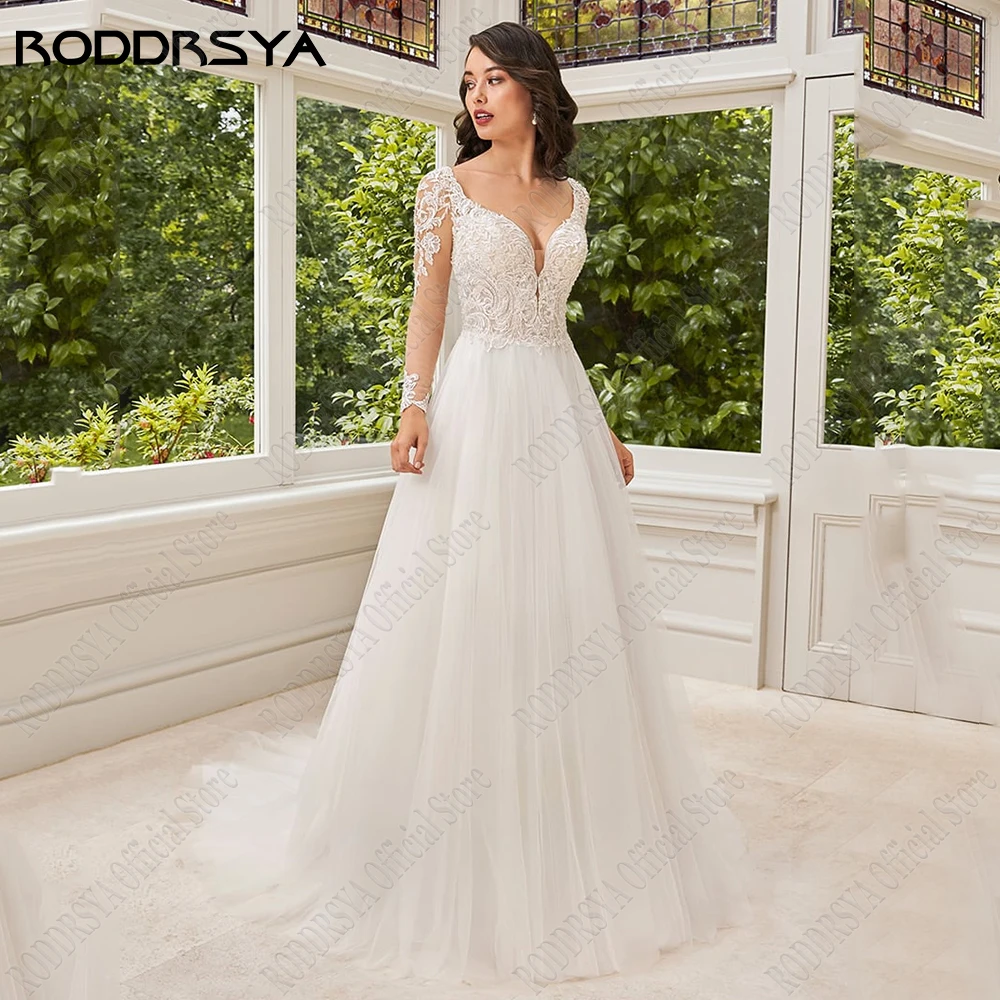 

RODDRSYA Classic Wedding Dress 2023 Bride Long Sleeves Sexy Backless Bride Gowns Tulle A-Line Lace Applique vestido de novia