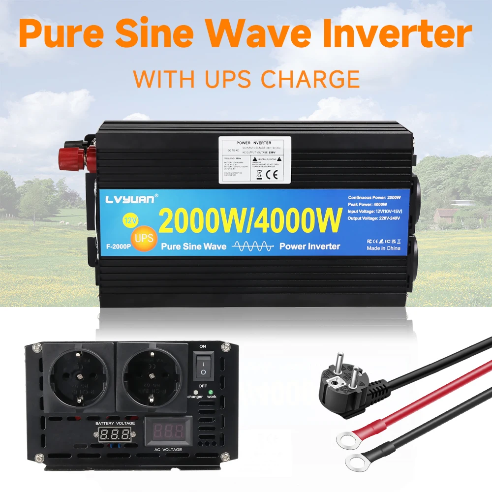 UPS 4000W Pure Sine Inverter 12V 24V 220V DC to AC With usb charging cable LED EU UN Socket  Frequency Converter Car Transformer