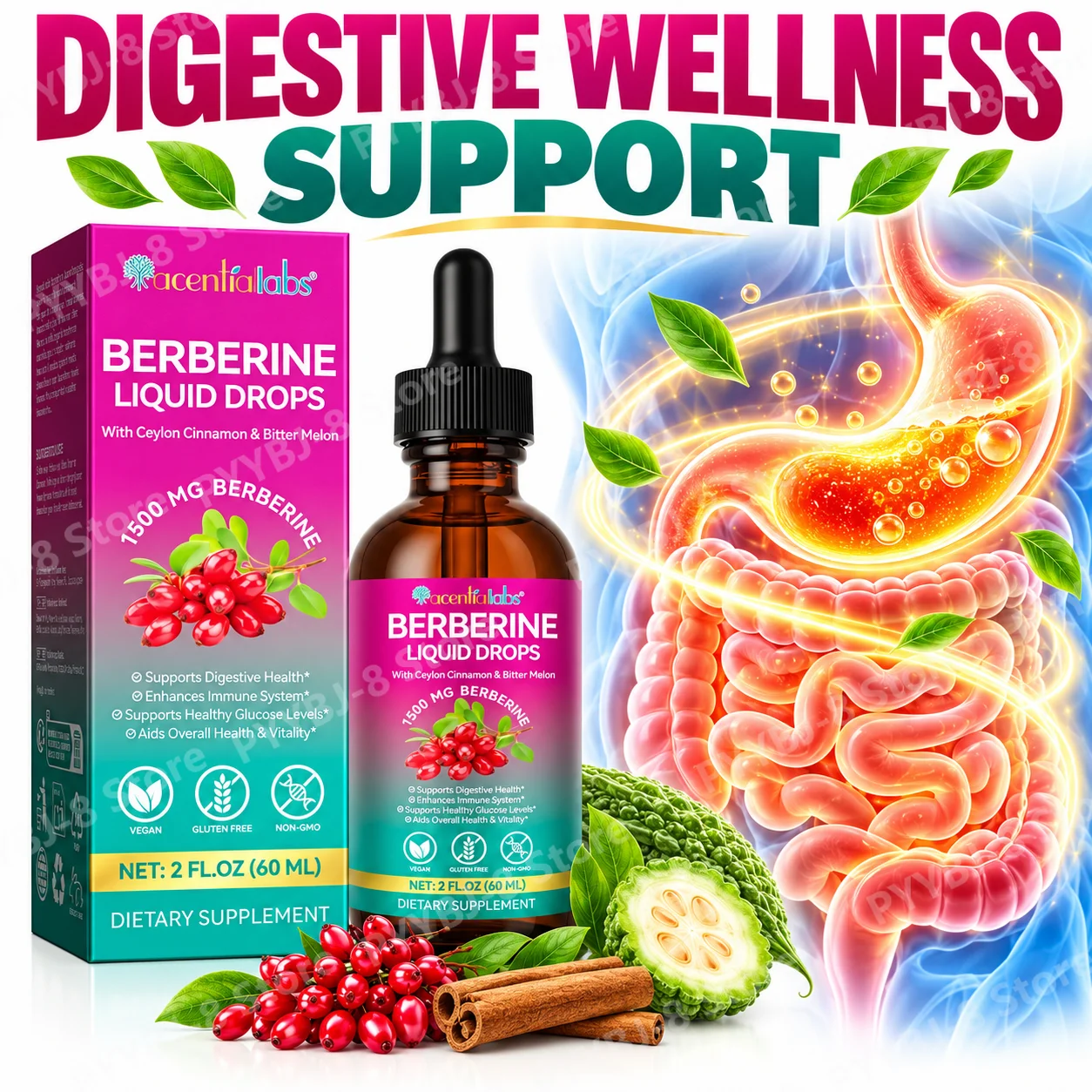 Berberine Liquid Drops,Digestive Support,Healthy Glucose Level Support,Immune Function Support,Ceylon Cinnamon&Bitter Melon,60mL