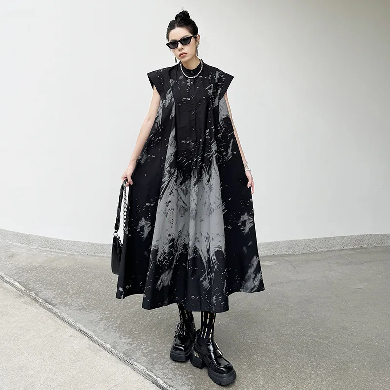 

Women Dresses Print A Line Dress Button Round Neck Sleeveless Single Breasted Mid Calf Length Loose Waist Streetwear 2025 Summer