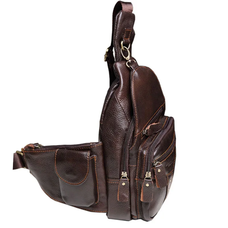 Men Sling Bag Genuine leather Cowhide Travel Retro famous brand Studded Messenger Shoulder Sling Day Pack Chest Bag