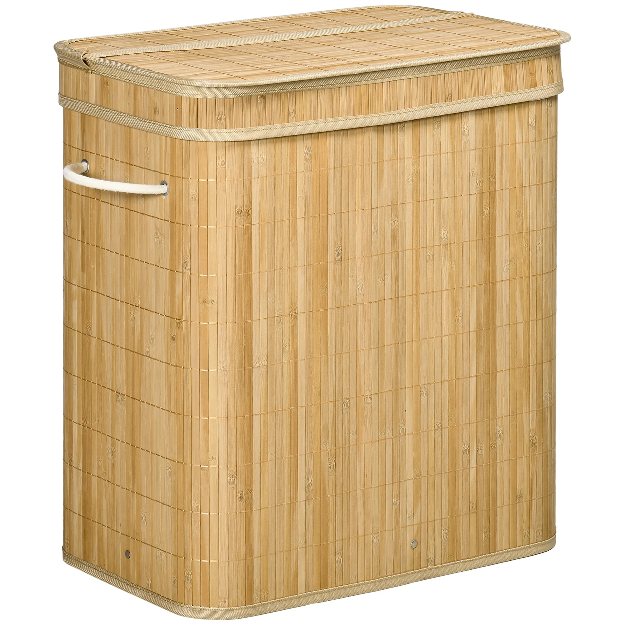 Cesto para la ropa sucia HOMCOM de bambú con tapa y asas, capacidad 90 litros, con 2 compartimentos y bolsa de tela extraíble - 54,2x59,5 x cm