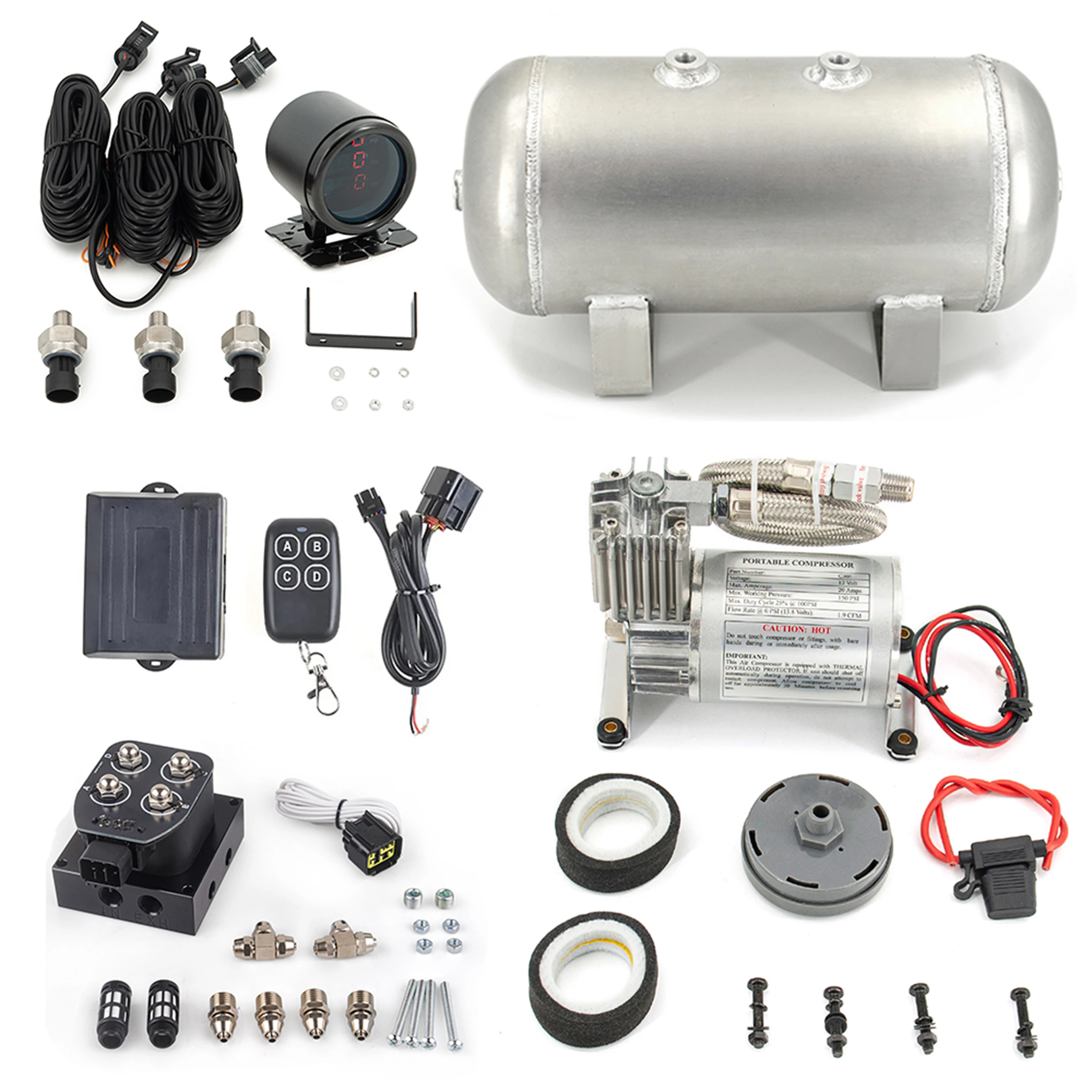 

Air Ride Suspension Kit System Electronic Management Controller System With 1.6gallon Air Tank 3 pressure gauge Compressor Pump