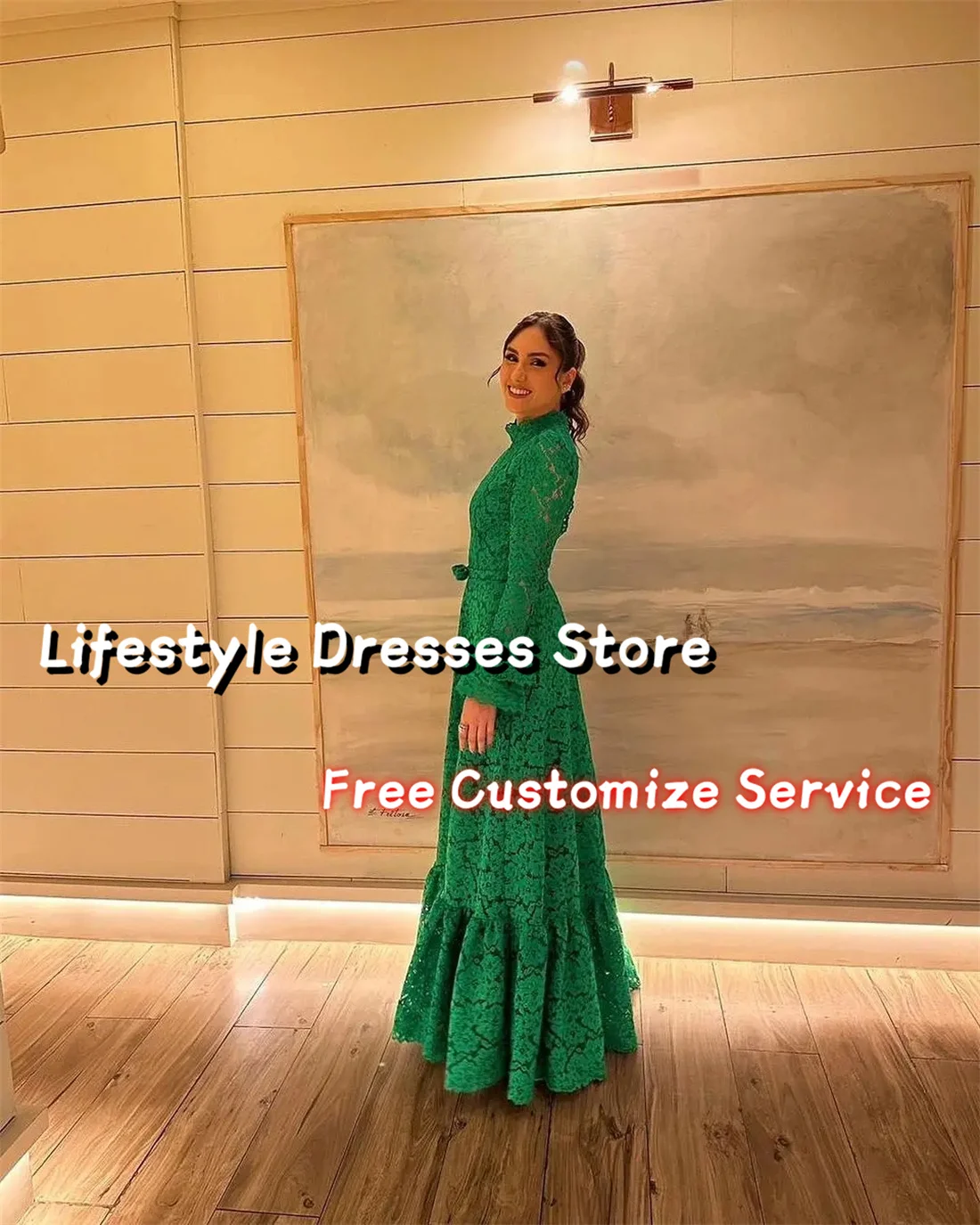 Customized Green Elegant Women Evening Gowns Long Sleeves Lace Prom Dresses High Neck Open Back A-Line Formal Party Dresses