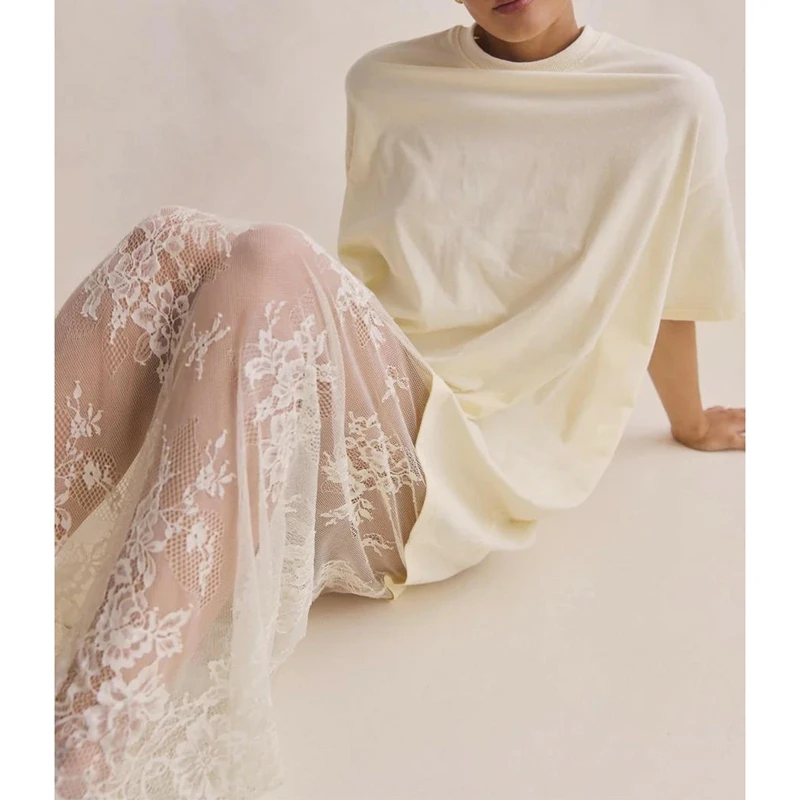 Combhasaki Womens Crew Neck Short Sleeve Summer Casual Loose Fit Y2k Sheer Floral Lace Patchwork Straight Maxi Long Shirt Dress