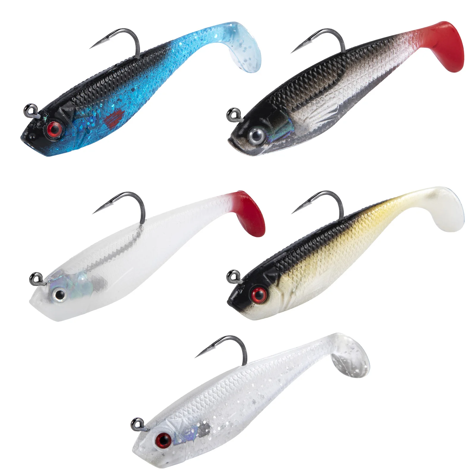 

5pcs Jig Head Soft Fishing Lure Silicone Wobblers Swimbait Paddle Tail Fishing Lures for Pike Trout Bass Pre-Rigged Dropshot