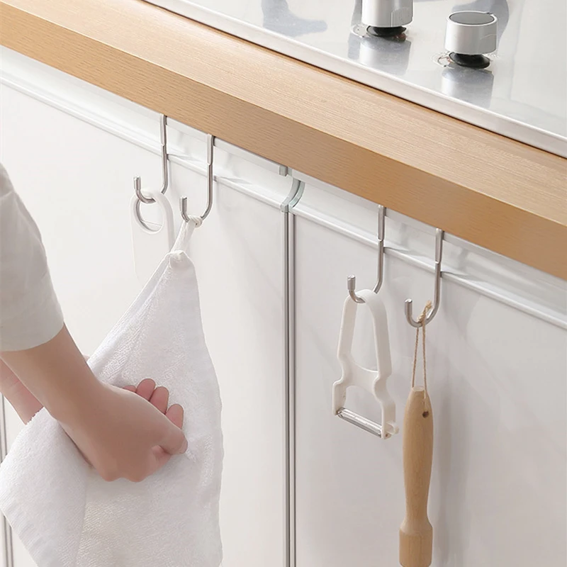 1/5pcs Stainless Steel Double S-Shape Hook Free Punching Kitchen Bathroom Cabinet Door Without Trace Hook Towel Storage Hanger