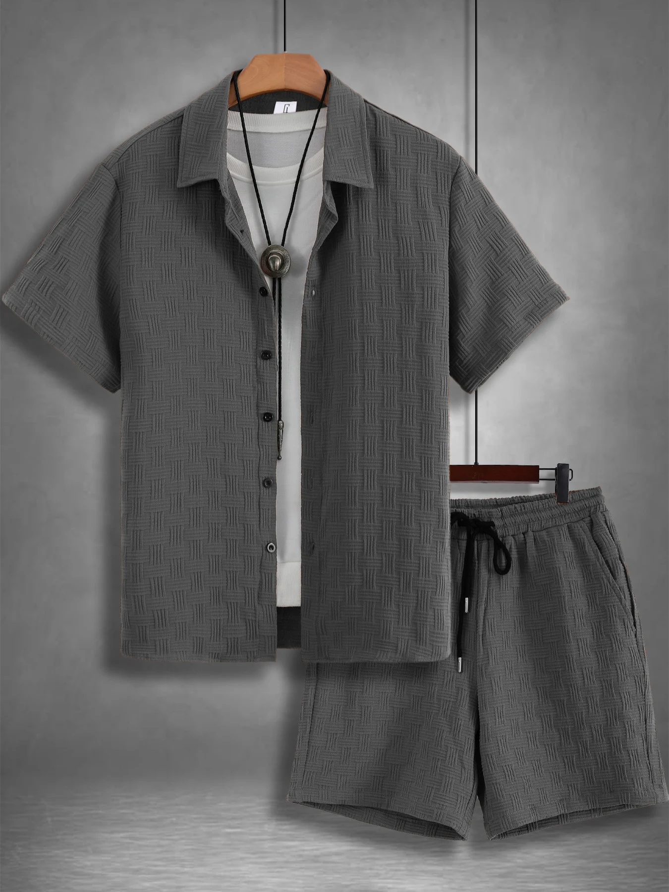 

Textured Short Sleeve Set for Men, Summer Casual Two-Piece Outfit