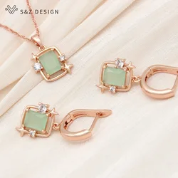 S&Z DESIGN New Fashion Rectangle Crystal Jewelry Sets 585 Rose Gold Color Drop Earrings For Women Trendy Pendant Necklace Gift