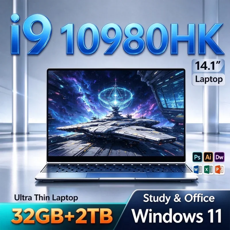 Ultra Slim 14.1'' Portable Laptop Intel I9 10980HK 32GB RAM 1TB/2TB SSD Windows 11 FHD Notebook For Office Work & Entertainment