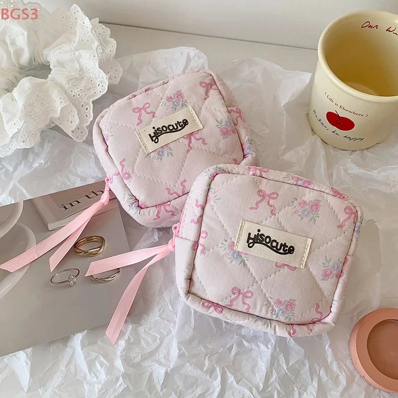 Pink Bow Print Square Cosmetic Bag Floral Makeup Bags Women Portable Earphones Lipstick Storage Organizer Student Zipper Bags