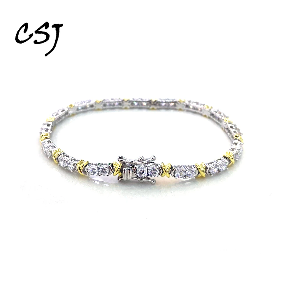 

Trendy 925 Silver Tennis Chain Bracelete Sparking 5A Zircon 18K Yellow Gold for Women Lady Wedding Party Necklace Jewelry Gift