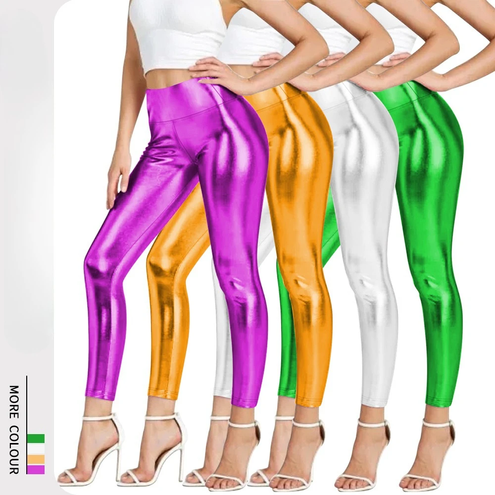 

Womens High Waist Shiny Leather Leggings Gold Print Elastic Slim Fit Nine Points Tight Pants