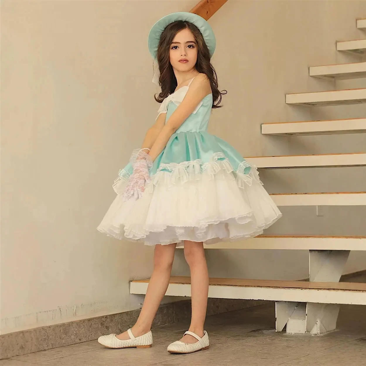 Jill Wish J444 Girls' Mint Green & White Gradient Bowknot Dress - Elegant Pleated Tulle Princess Party Gown with Matching Hat
