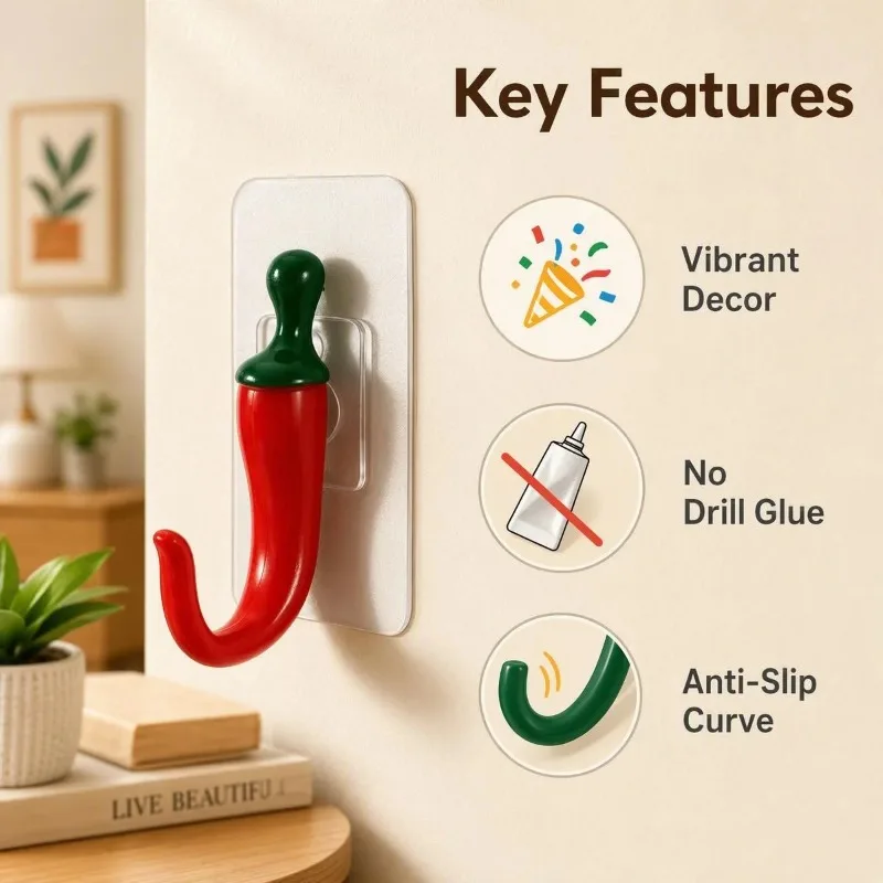 3pcs Chili Shape Adhesive Wall Hooks No Drill Self‑Adhesive Anti‑Slip Decor Hooks for Kitchen Bathroom Key Towel Bag