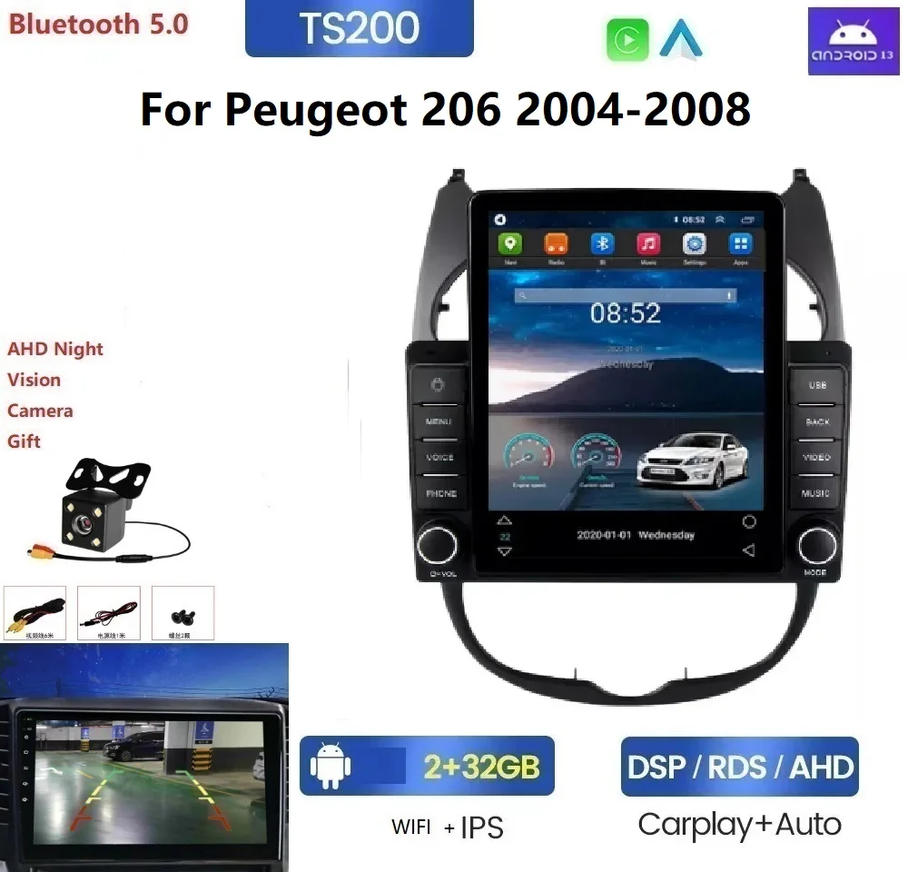 Android 13 IPS DSP 8+128GB car radio gps For Peugeot 206 2001 - 2008 ADAS DVR Car-play auto electronics navigation