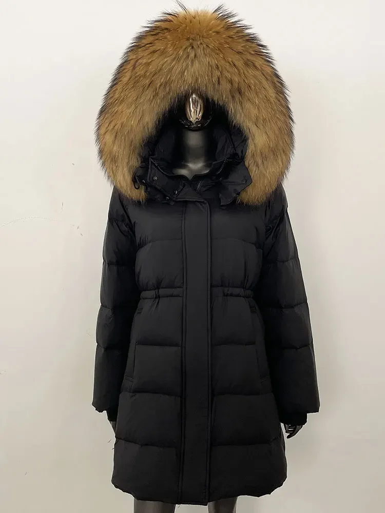 جديد أزياء المرأة الطبيعية الراكون الثعلب الفراء طوق ملابس خارجية عارضة الفراء الحقيقي سميكة معطف دافئ الشتاء سترة طويلة مقنعين