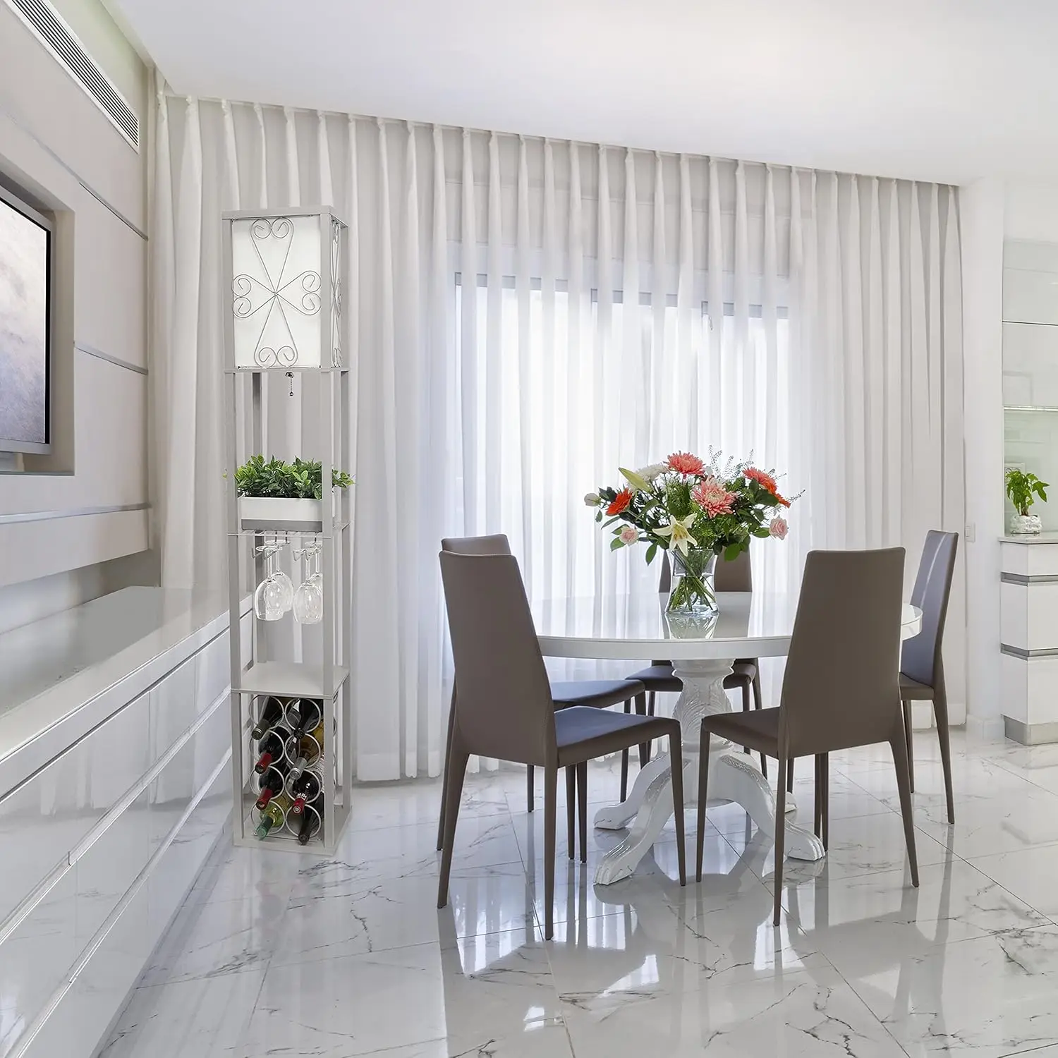 LF1015-GRY-LB Rak Etagere 3 Tingkat dengan Rak Anggur & Lampu Lantai, Abu-abu, Kap Lampu Linen Putih, Termasuk Bohlam LED Feit