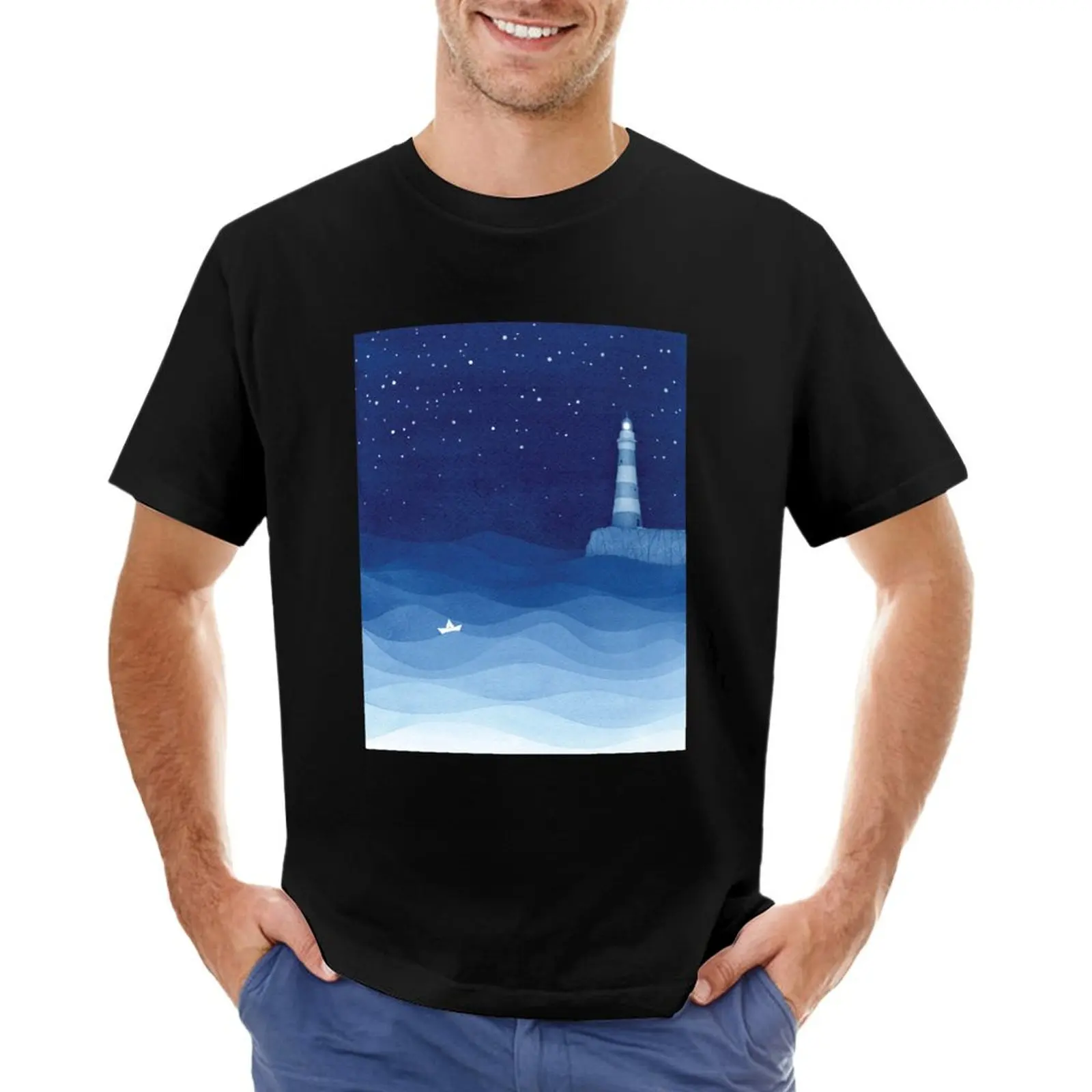 Lighthouse 2, blue ocean watercolor T-Shirt oversized graphic tee graphic t shirts mens t shirts casual stylish