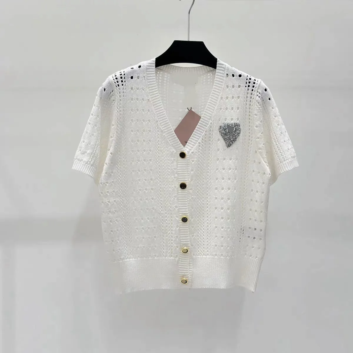 Cárdigan de punto liso con diamantes para mujer, ropa de verano, manga corta, cuello en V suelto, Tops de punto calados