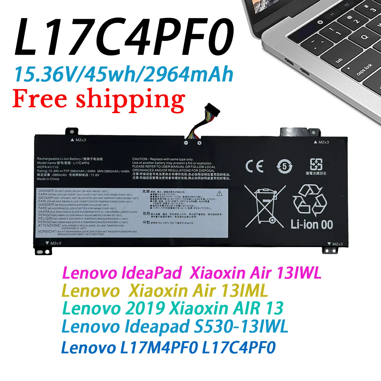 L17C4PF0 L17M4PF0 Laptop Battery For Lenovo Xiaoxin Air 13 13IWL 13IML Ideapad S530-13IWL Series 15.36V 45Wh 2964mAh