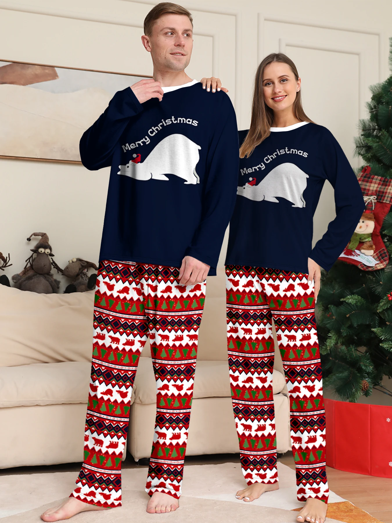 

Christmas Couple Pajamas Set Polar Bear "Merry Christmas" Print Navy Top & Red Green Tribal Stripes Sleepwear