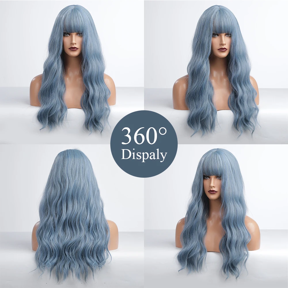 GEMMA Long Water Wave Blue High Temperature Wigs for Black White Women Afro Cosplay Party Daily Synthetic Hair Wigs with Bangs