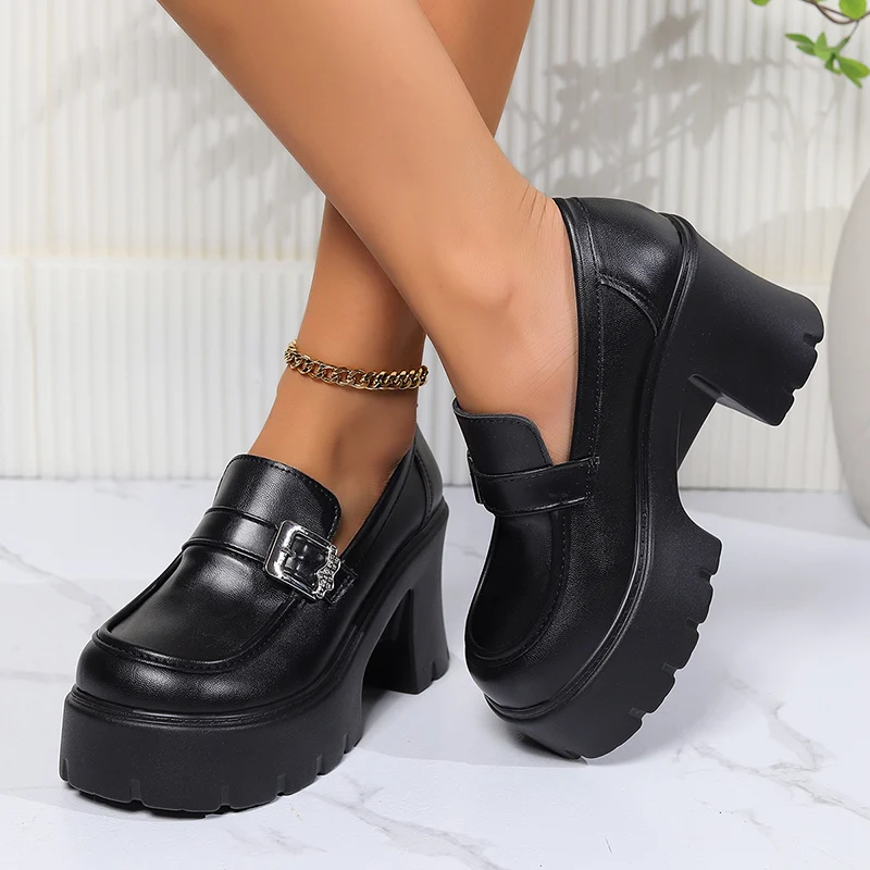 Pu Leather Chunky Platform Loafers Women 2024 Spring Punk Gothic High Heels Pumps Woman Slip On Thick Heeled Jk Uniform Shoes