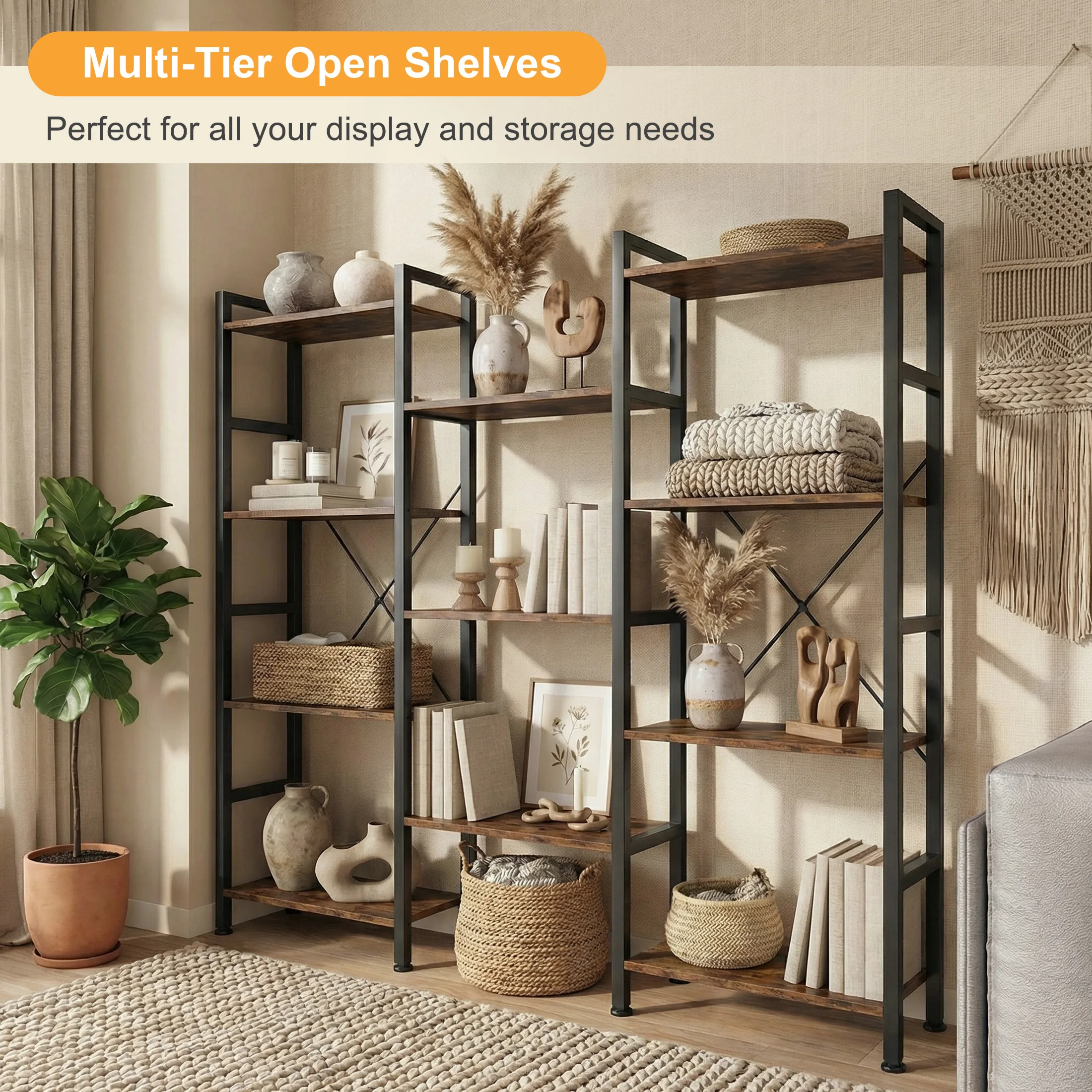 MCQ 4 Tier Combination Bookshelf with Adjustable Shelves Wooden Storage Standing Display Bookshelf Sturdy Structure Graduated Shelves Adjustable for Living Room