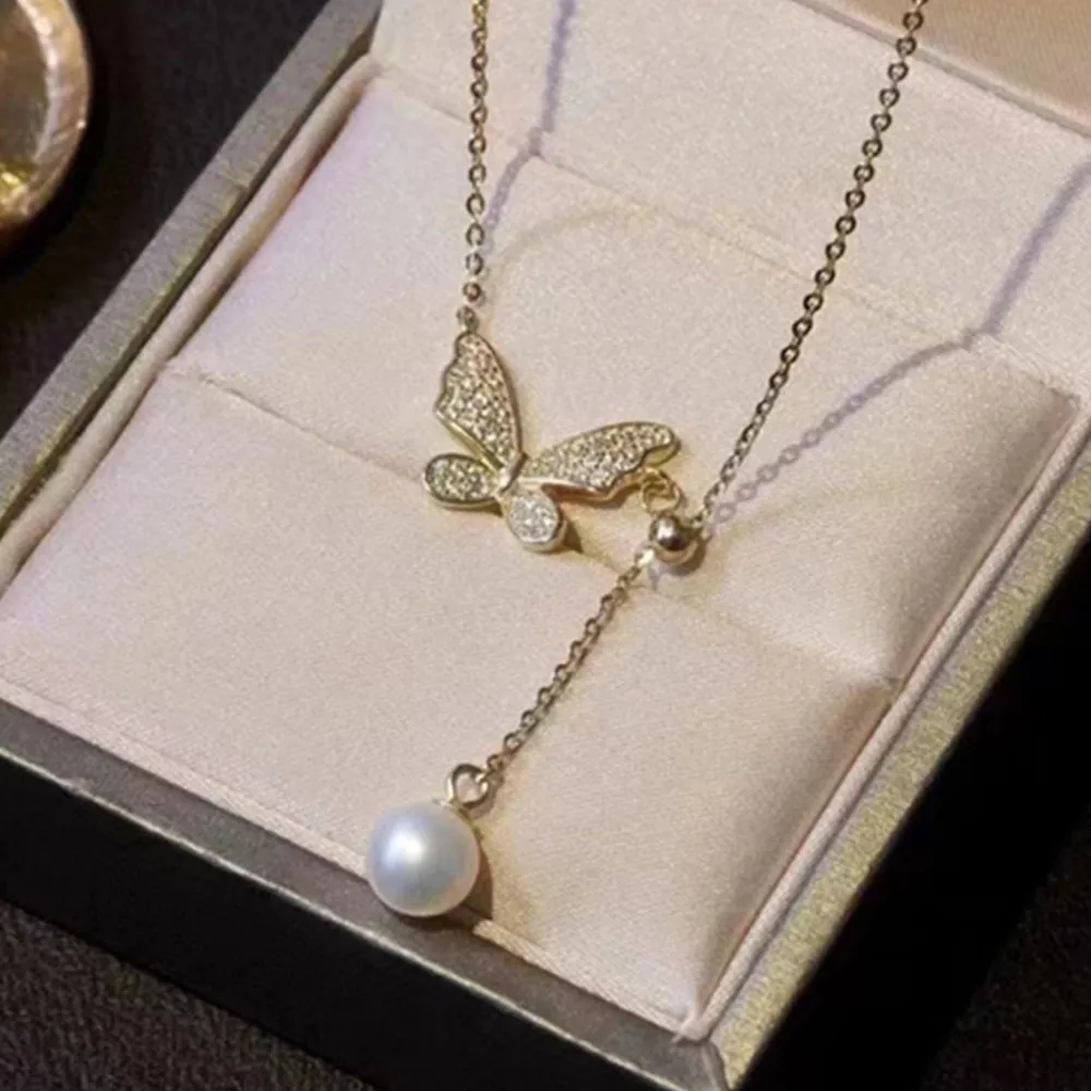 Daily versatile butterfly tears 925s silver collarbone chain tassel adjustable AAA South Sea pearl 8-9mm 9-10mm 10-11mm