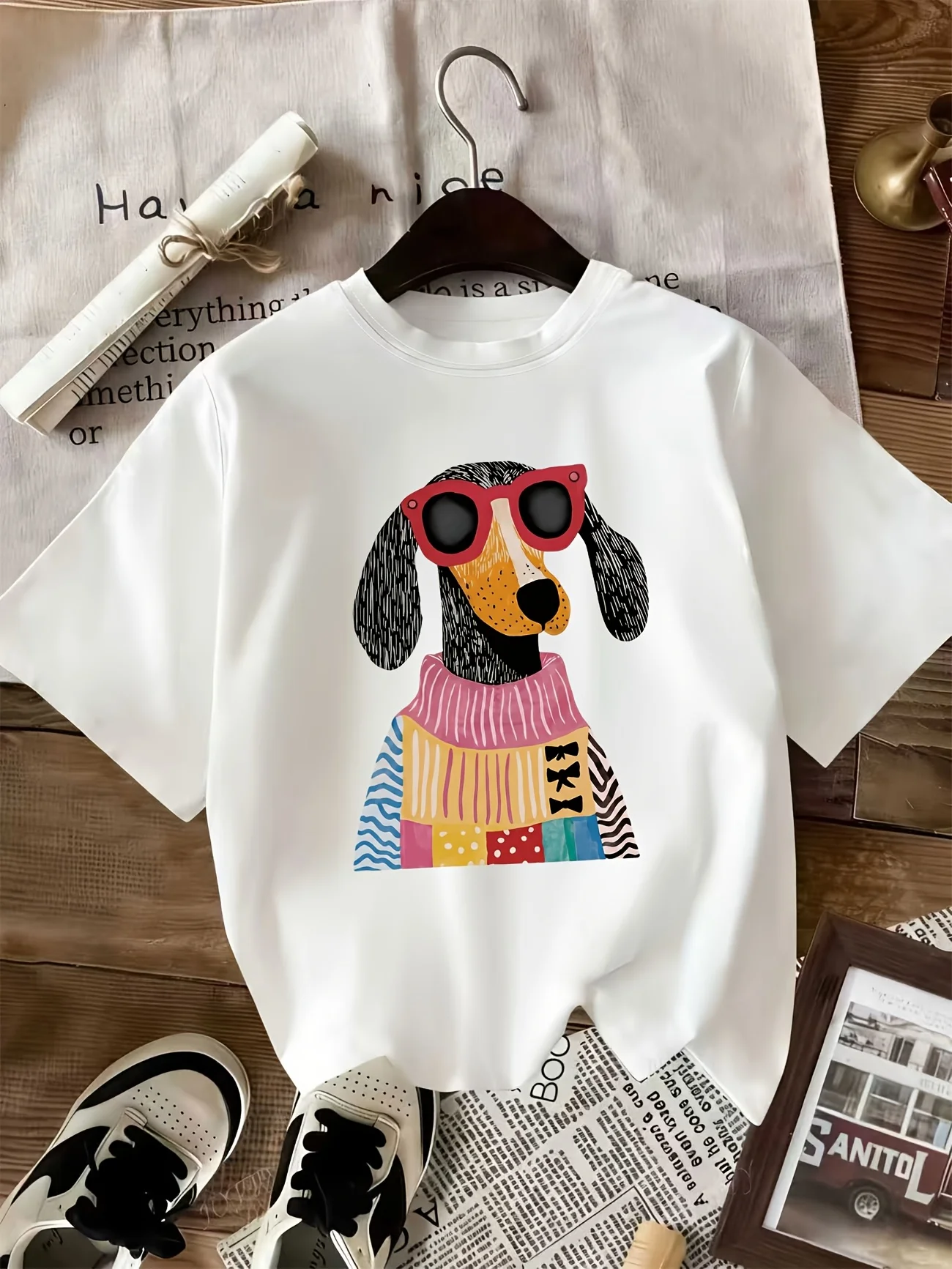 PLMM Damen Rundhals-T-Shirt mit Retro-Hundemotiv, Modisches Kurzarm-Shirt, Lässiges T-Shirt, Oversized Y2k Ästhetik Streetwear Mode Oberteil – Detail 2