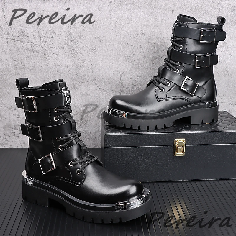 

Autumn Winter New Thick Soled Motorcycle Boots Metal Decor Belt Buckle Half Boots British Style Versatile Men's High Top Shoes