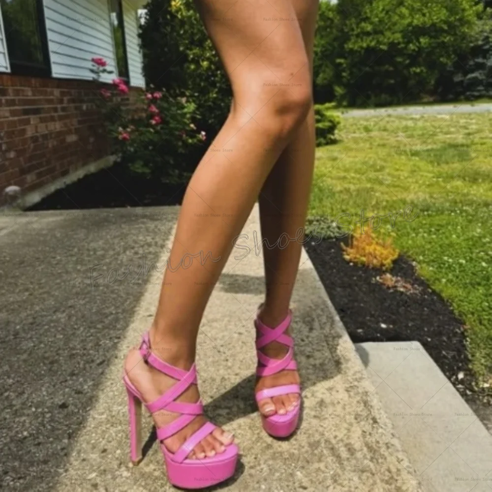 Sandalias de plataforma con punta abierta y correa cruzada rosa, Zapatos de tacón alto de cuero mate Para Mujer, tacones de moda, nuevos Zapatos Para Mujer 2025