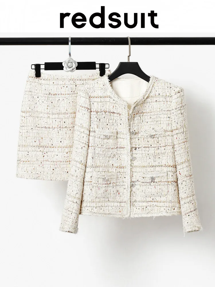 

New High luxury champagne tweed jacket+exquisite slimming half skirt set