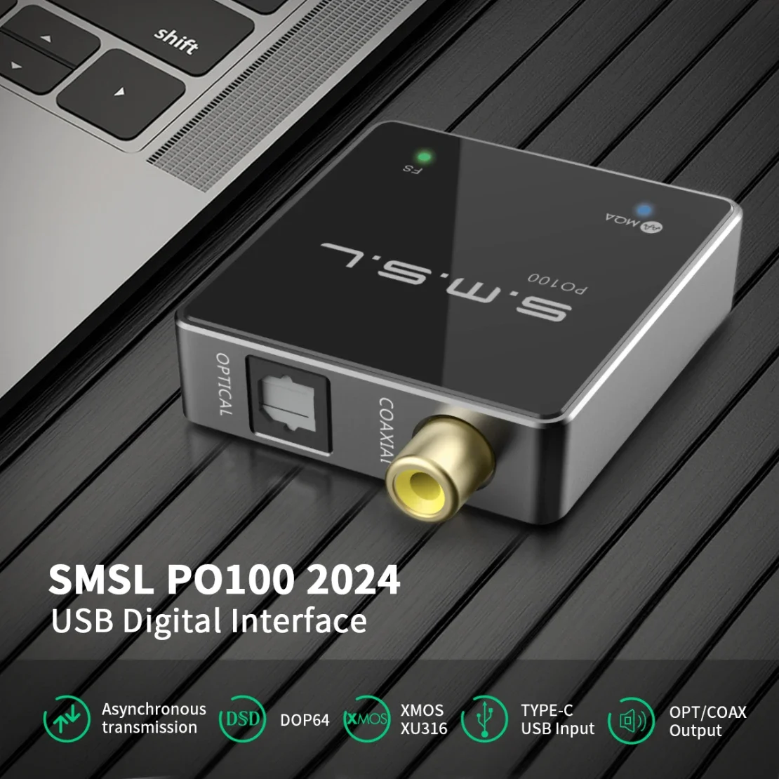 SMSL PO100 2024 USB Digital Interface DSD DOP64 XMOS XU316 TYPE-C Input OPT/COAX Output